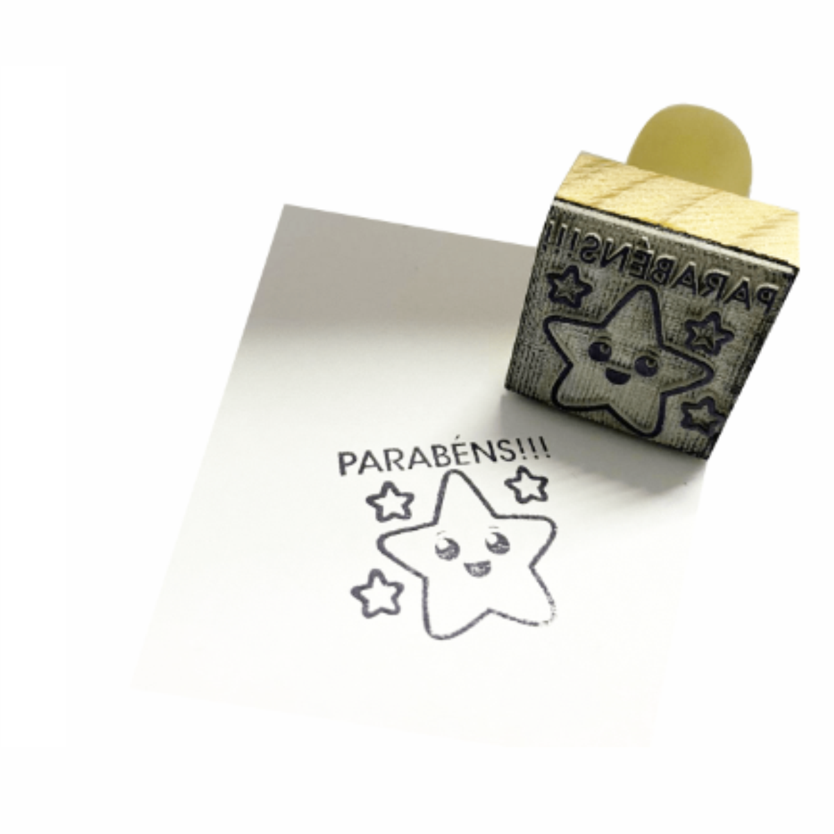 CARIMBO ESTRELA - PARABÉNS - EM MADEIRA - 3X3 CM