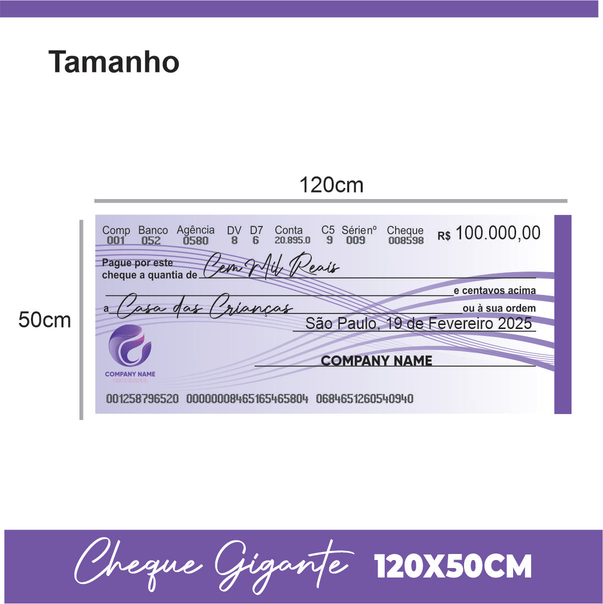 CHEQUE GIGANTE PARA PREMIAÇÃO 120X50CM