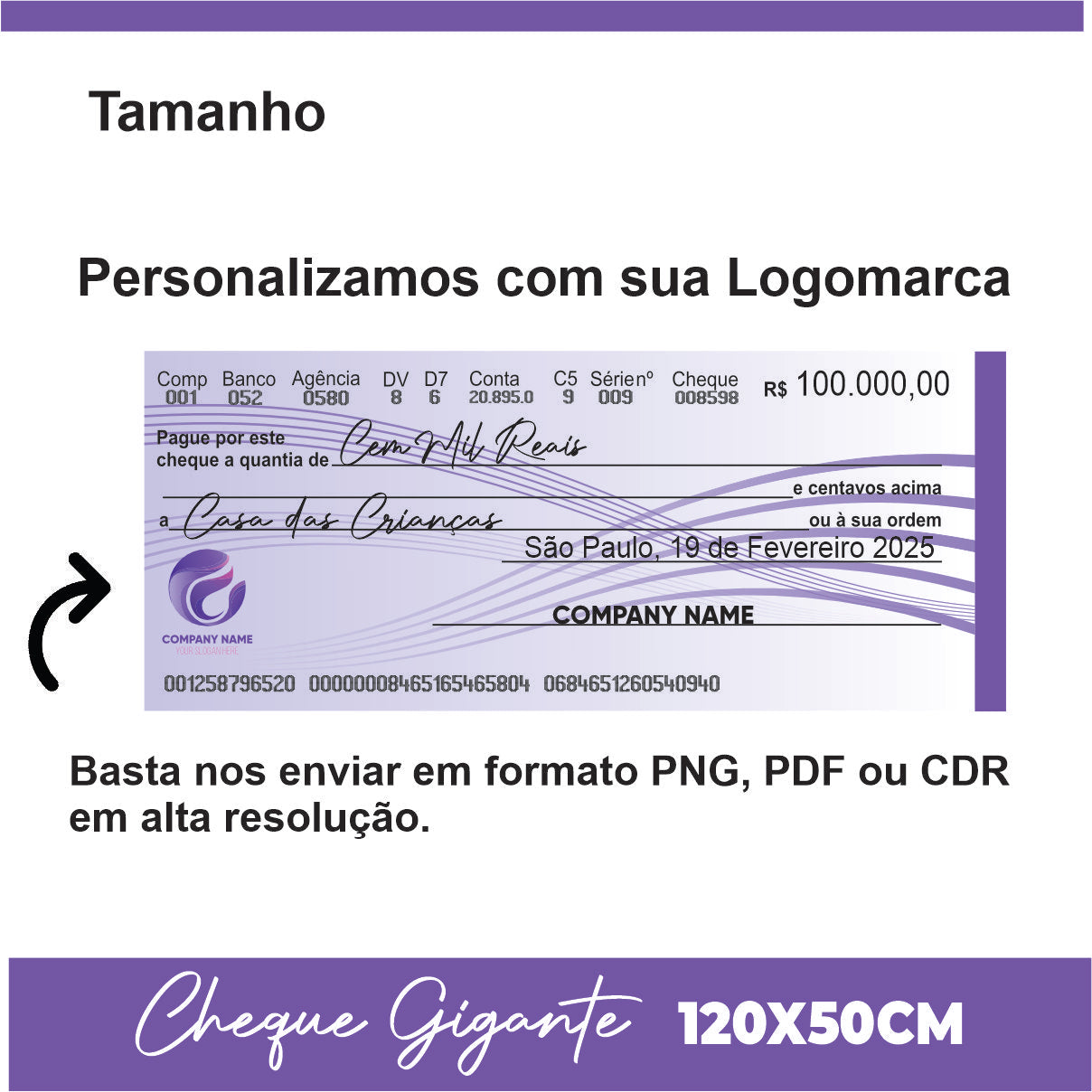CHEQUE GIGANTE PARA PREMIAÇÃO 120X50CM