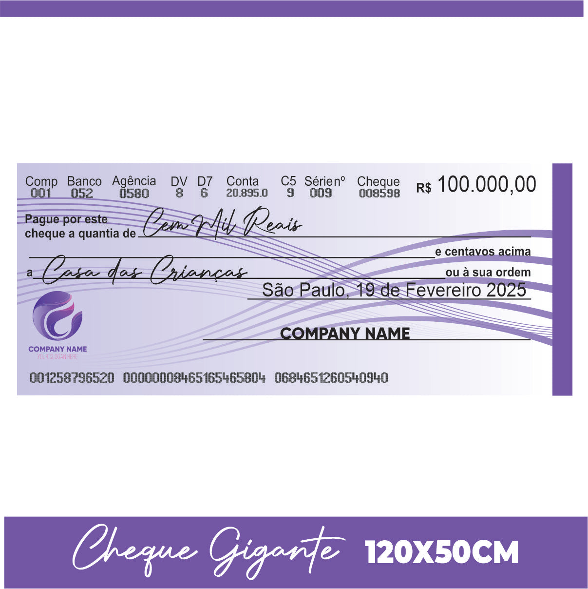 CHEQUE GIGANTE PARA PREMIAÇÃO 120X50CM