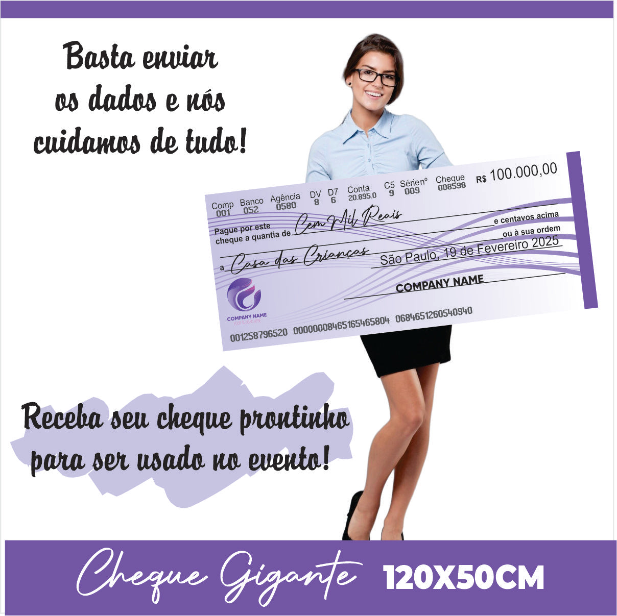 CHEQUE GIGANTE PARA PREMIAÇÃO 120X50CM