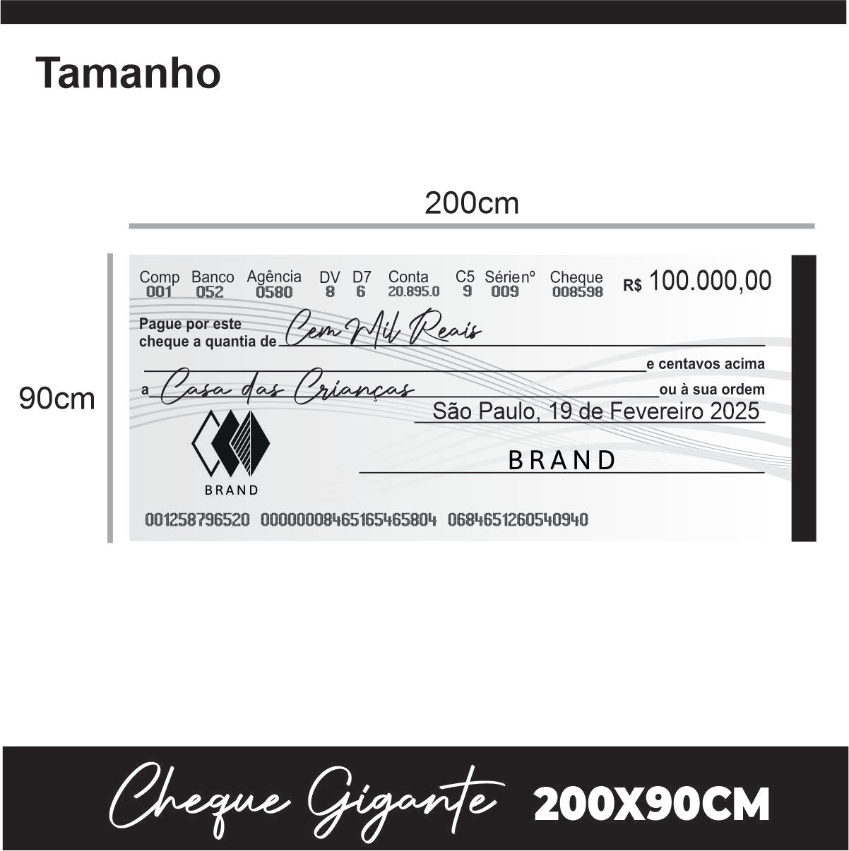 CHEQUE GIGANTE PERSONALIZADO PREMIAÇÃO APAGÁVEL 200x90CM