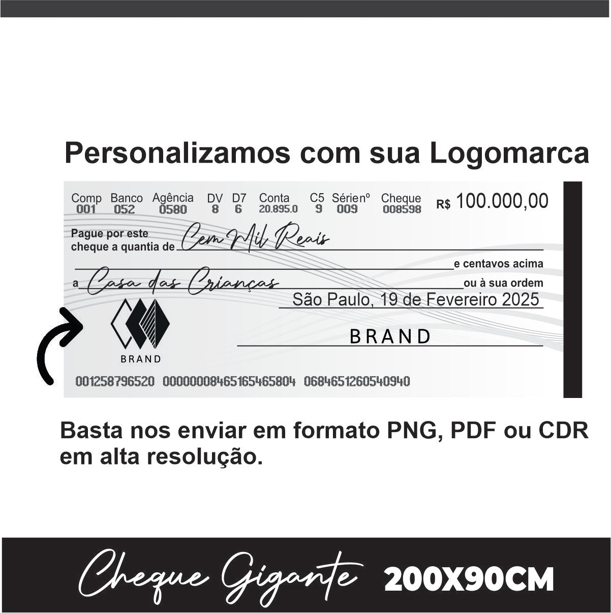 CHEQUE GIGANTE PERSONALIZADO PREMIAÇÃO APAGÁVEL 200x90CM