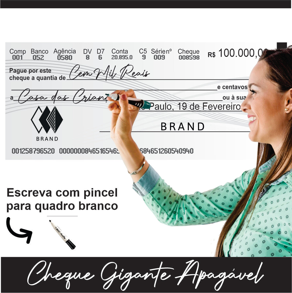CHEQUE GIGANTE PERSONALIZADO PREMIAÇÃO APAGÁVEL 200x90CM