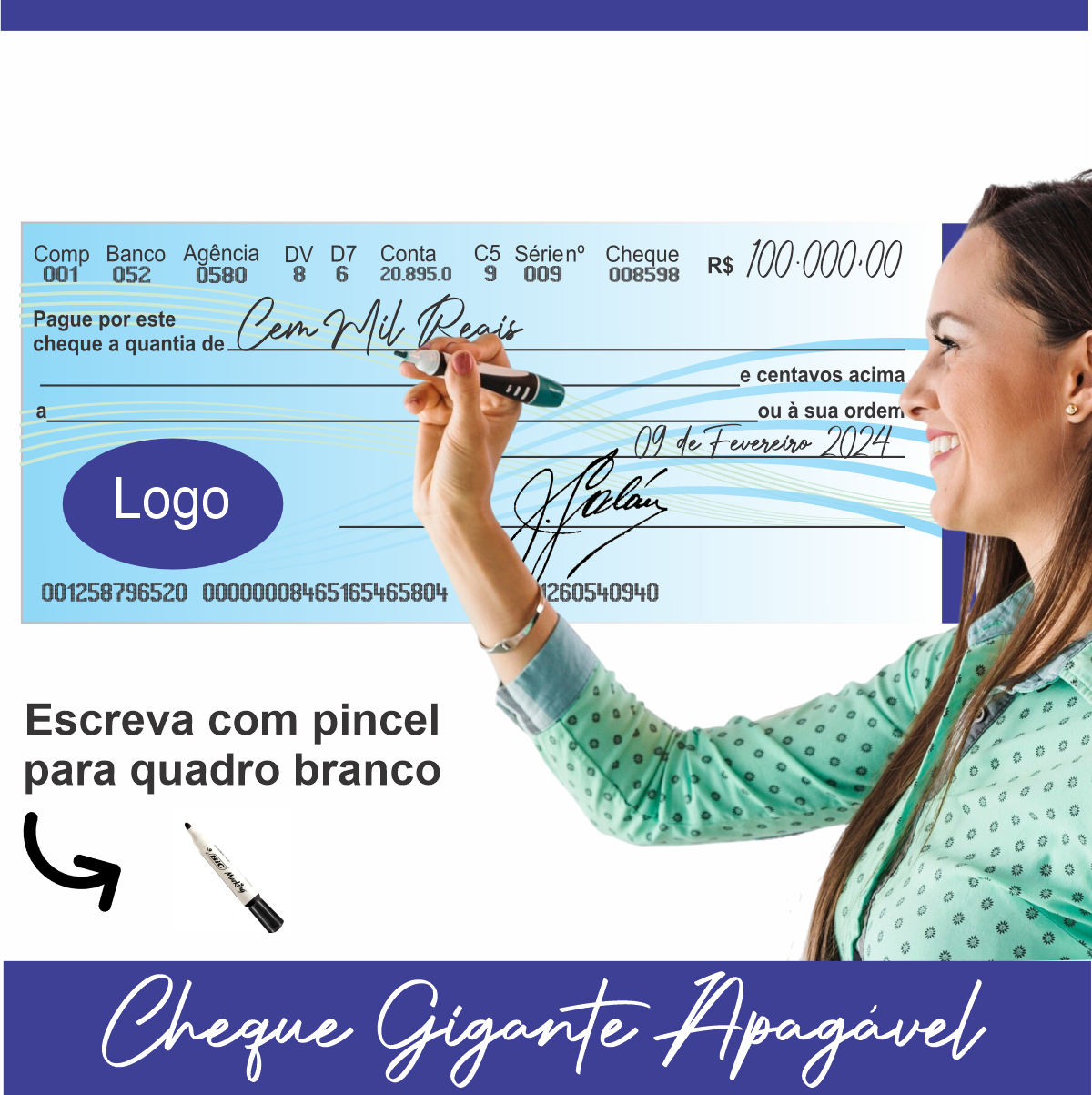 CHEQUE GIGANTE PERSONALIZADO PREMIAÇÃO APAGÁVEL 85X35CM