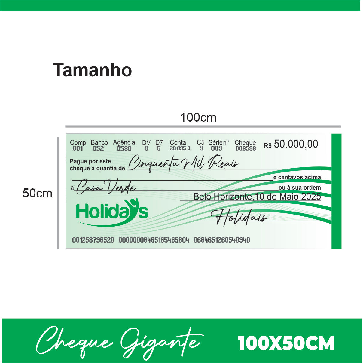 CHEQUE GIGANTE PARA PREMIAÇÃO 100x50CM