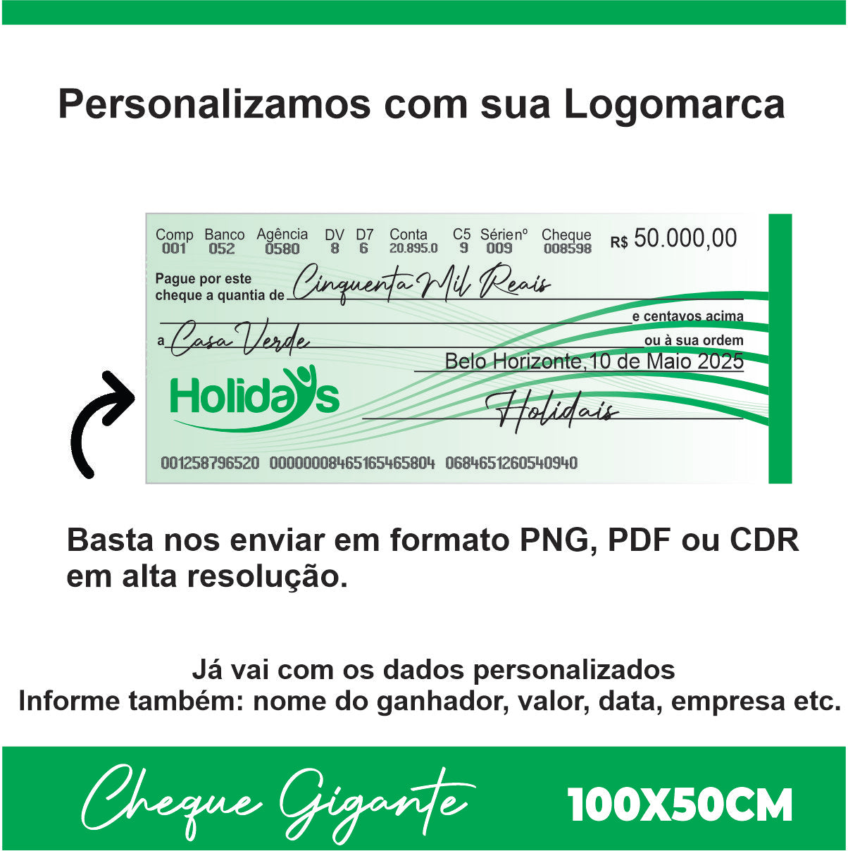 CHEQUE GIGANTE PARA PREMIAÇÃO 100x50CM