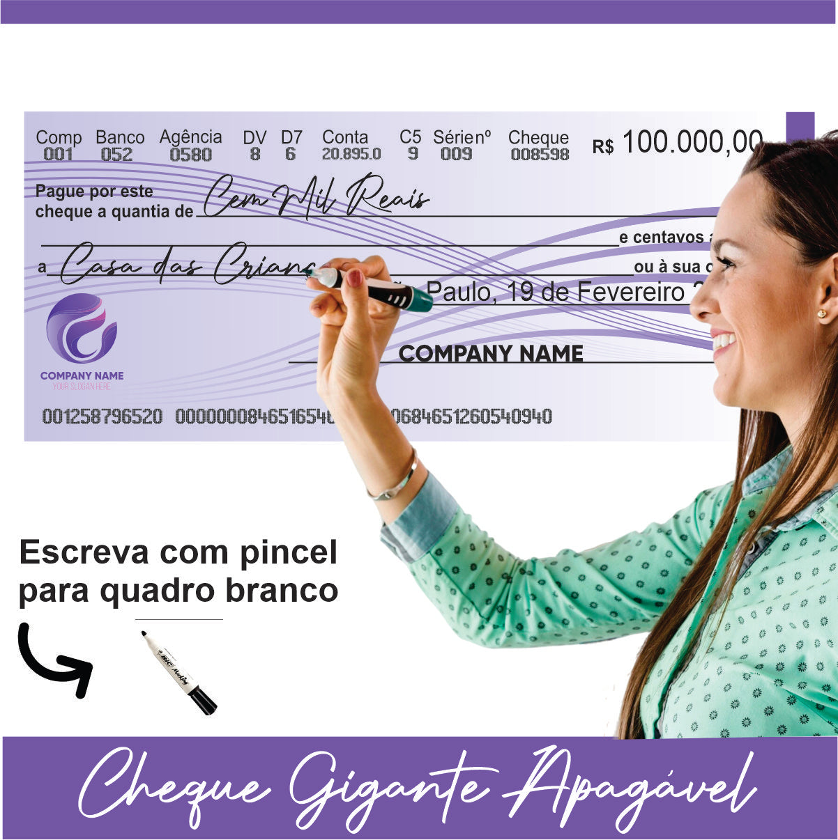 CHEQUE GIGANTE PERSONALIZADO PREMIAÇÃO APAGÁVEL 120x50CM