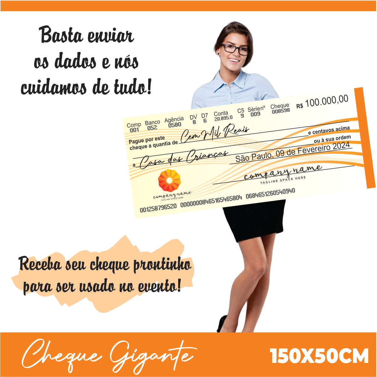 CHEQUE GIGANTE PARA PREMIAÇÃO 150x50 CM