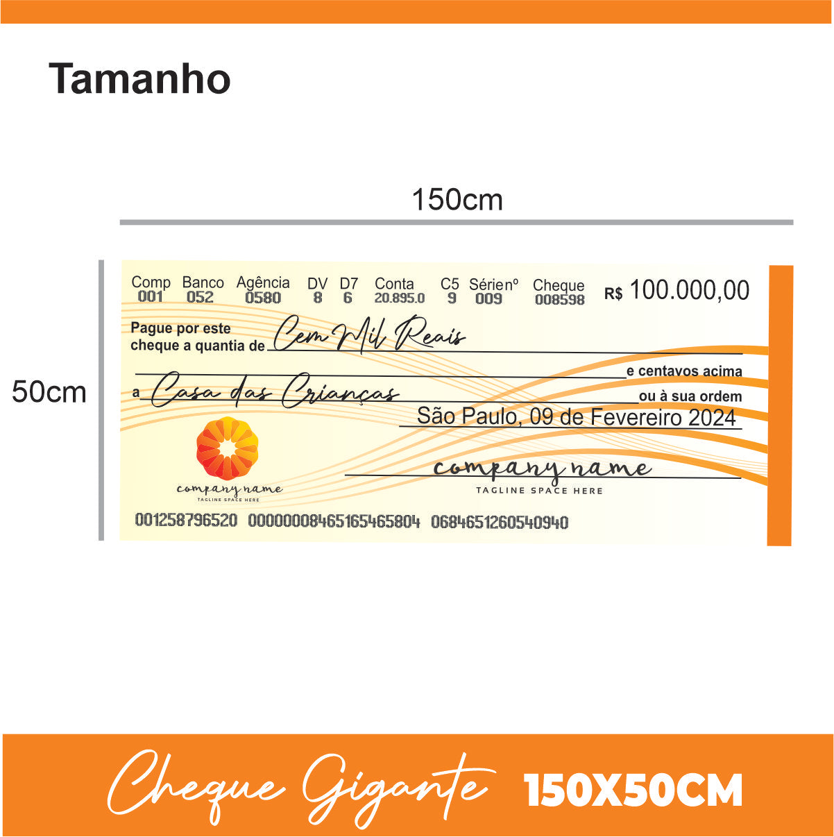 CHEQUE GIGANTE PERSONALIZADO PREMIAÇÃO APAGÁVEL 150x50CM