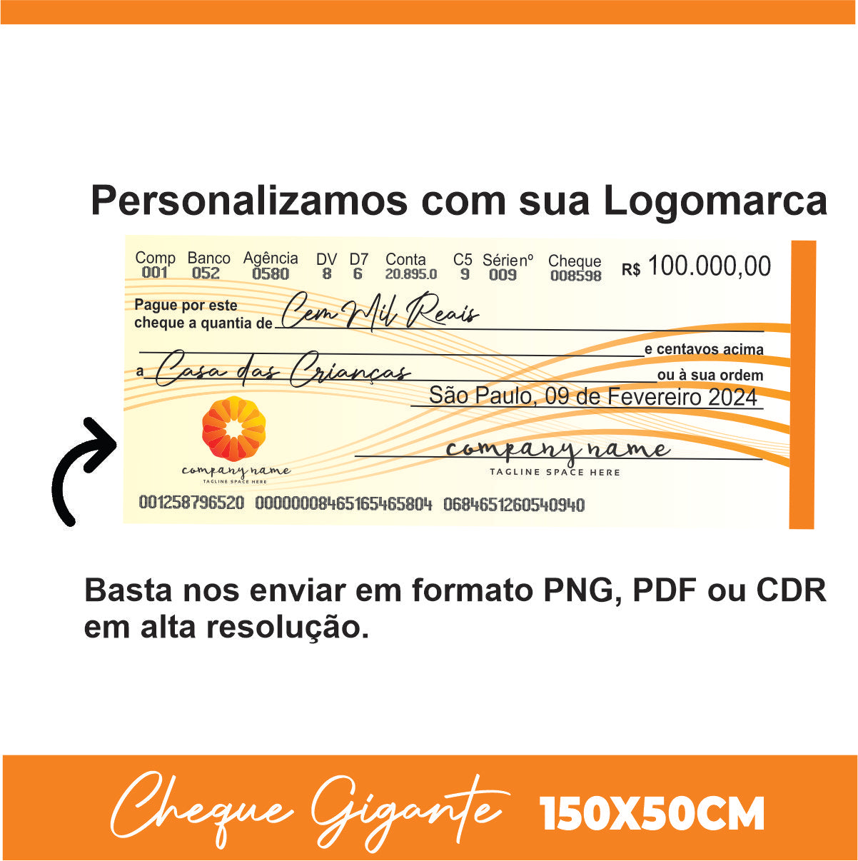 CHEQUE GIGANTE PARA PREMIAÇÃO 150x50 CM