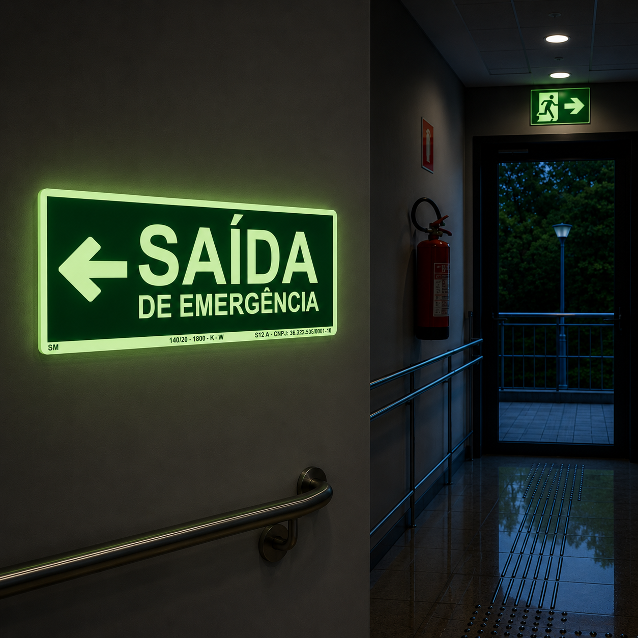Placa Fotoluminescente Saída de Emergência com Seta para Esquerda | Rota de Fuga | NBR 16820