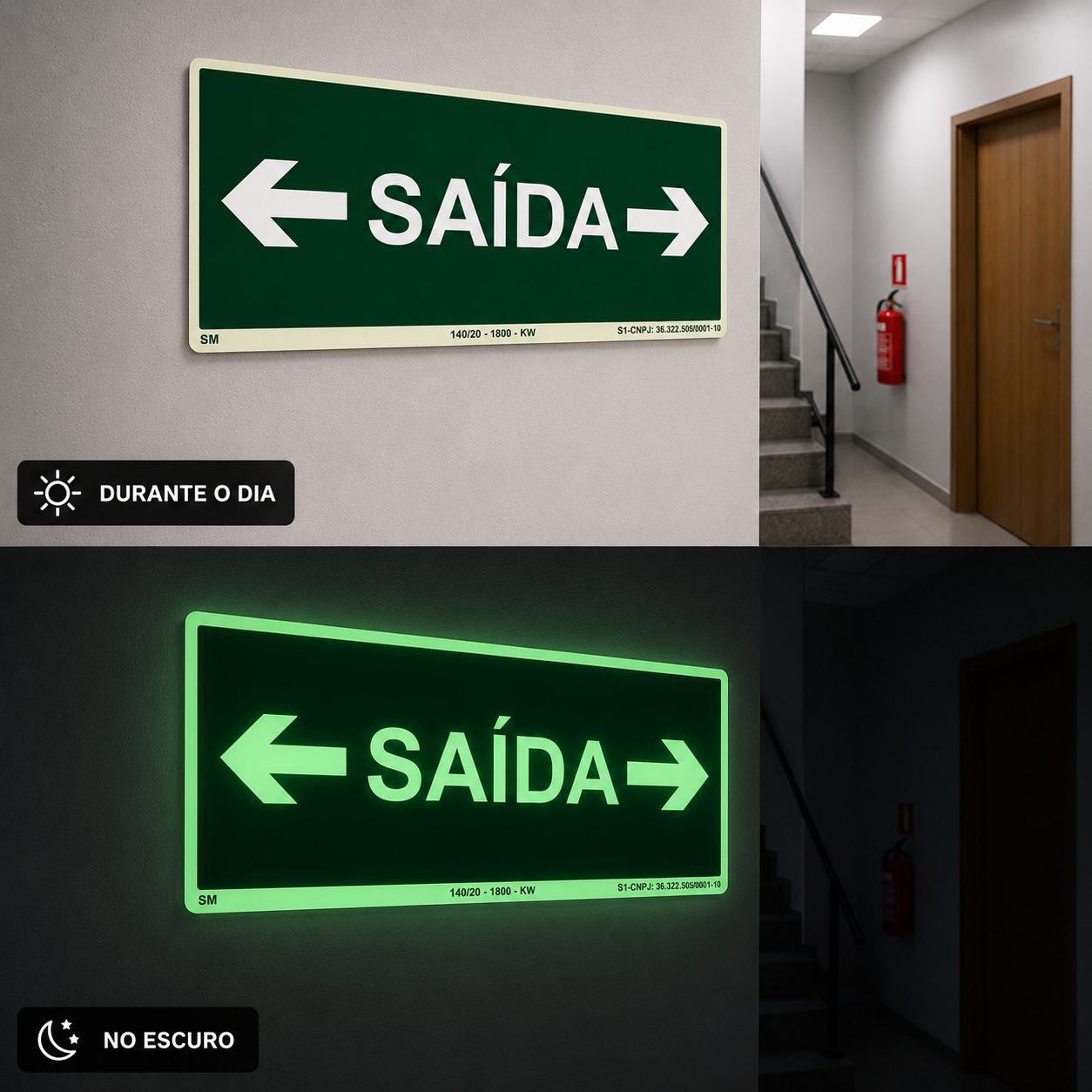 PLACA FOTOLUMINESCENTE- ROTA DE FUGA - SAÍDA DE EMERGÊNCIA PARA AMBOS LADOS - SINALIZAÇÃO SEGURANÇA INCÊNDIO