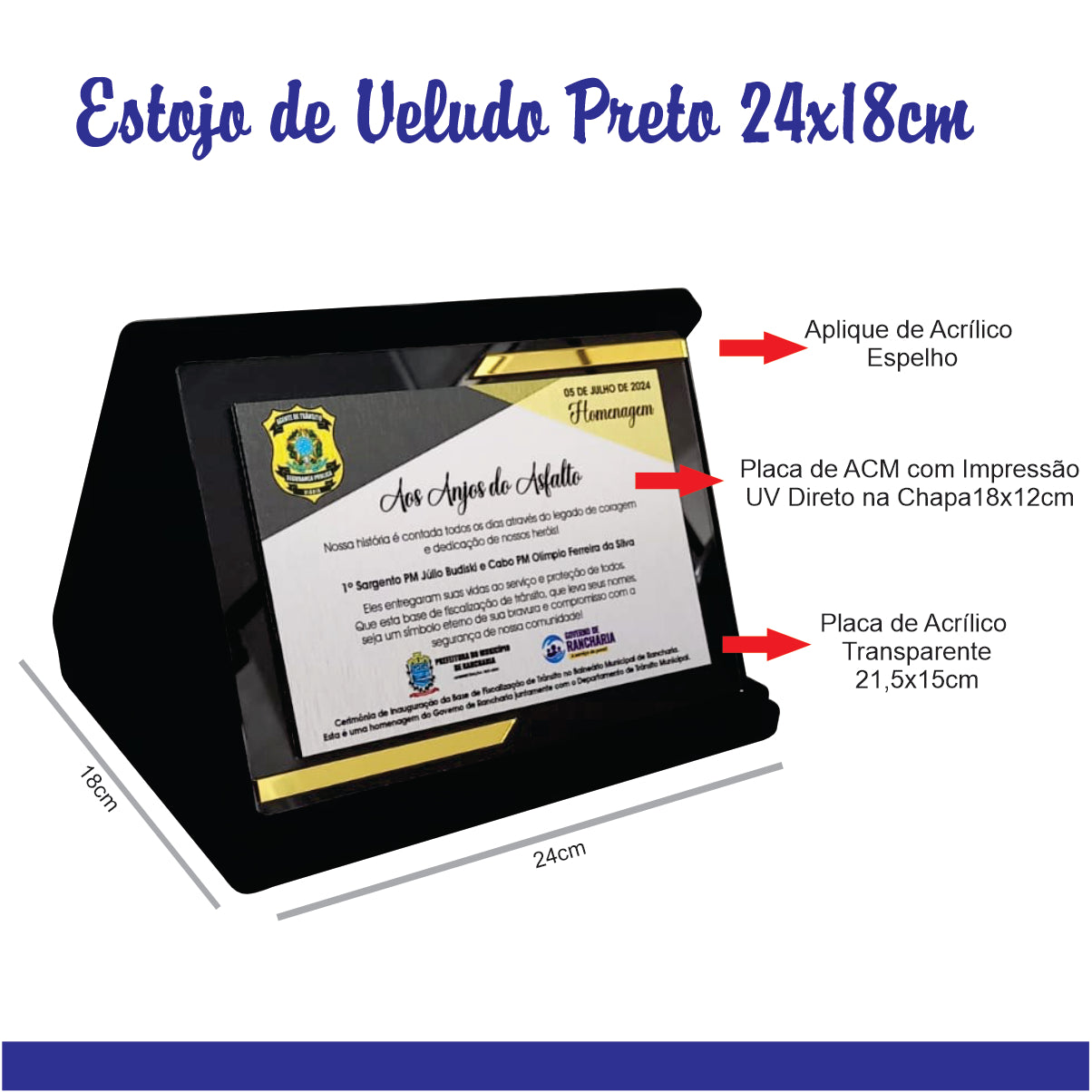 PLACA DE HOMENAGEM COM ESTOJO DE VELUDO