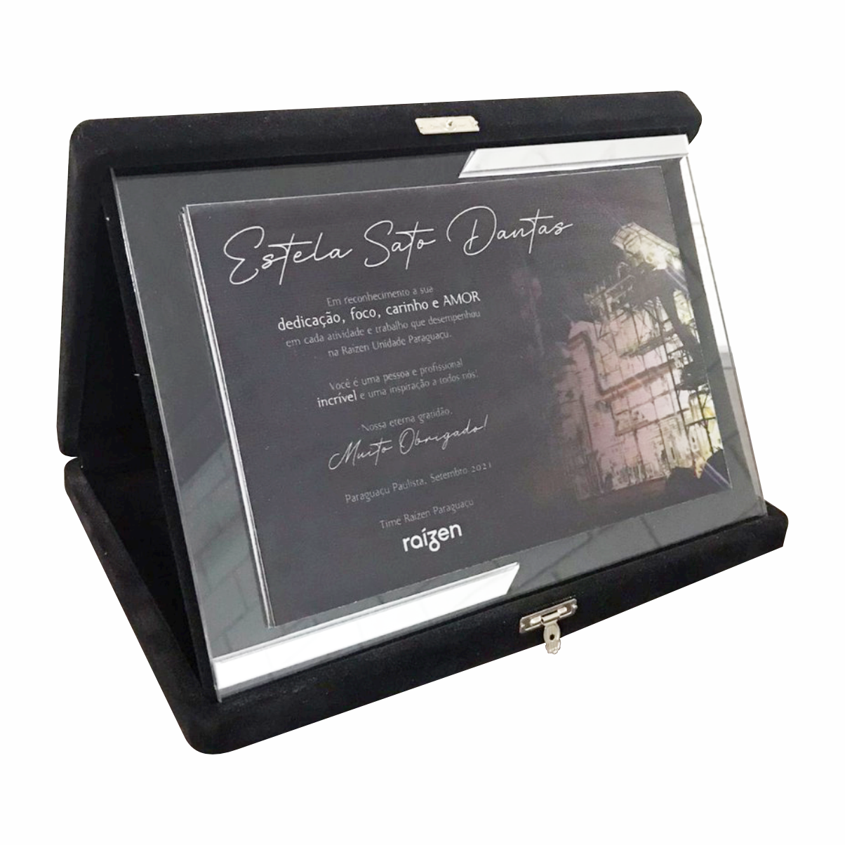 PLACA DE HOMENAGEM COM ESTOJO DE VELUDO