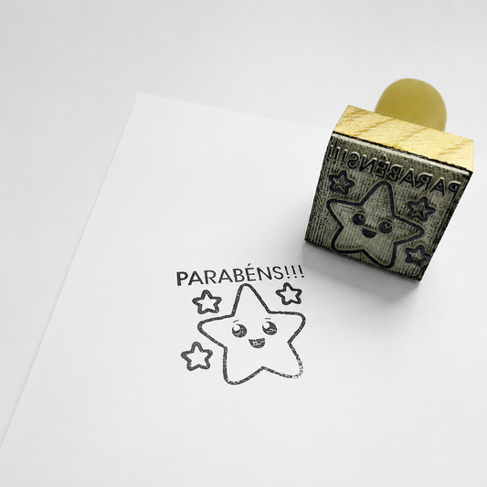 Carimbo Estrela - Parabéns - em Madeira 3x3cm