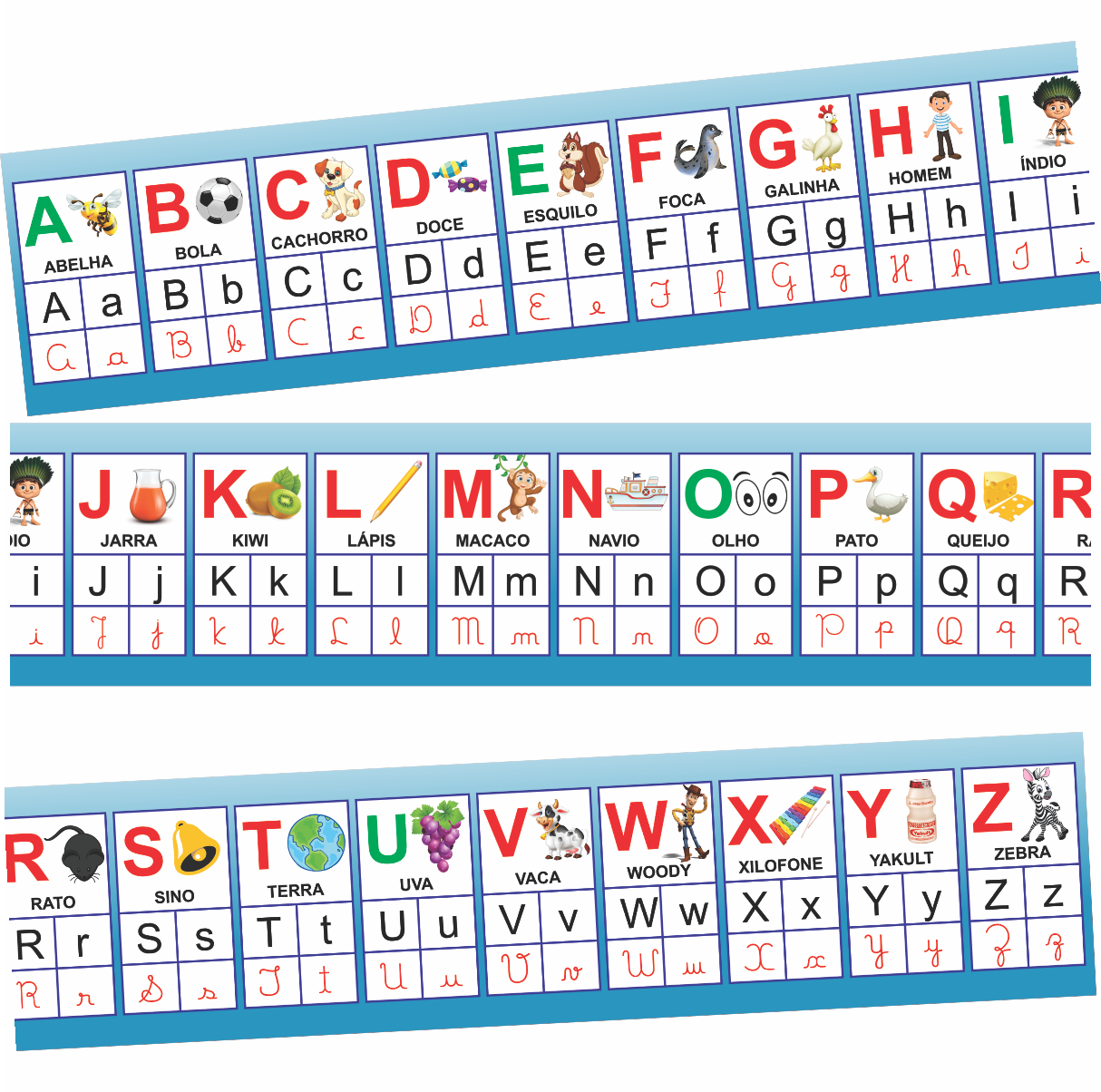 ALFABETO ILUSTRADO PARA LOUSA - LETRAS DE FÔRMA E CURSIVA