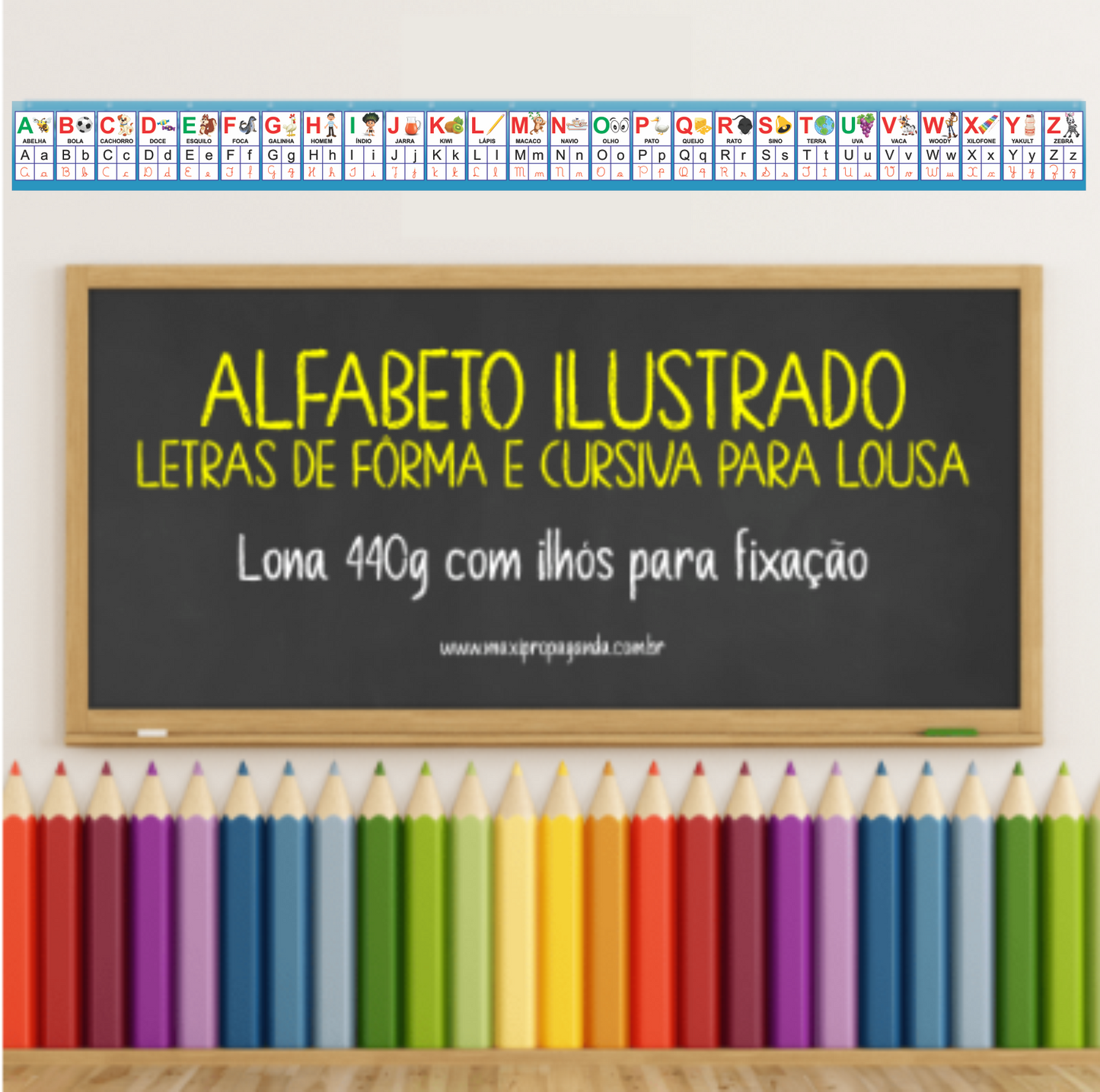 ALFABETO ILUSTRADO PARA LOUSA - LETRAS DE FÔRMA E CURSIVA