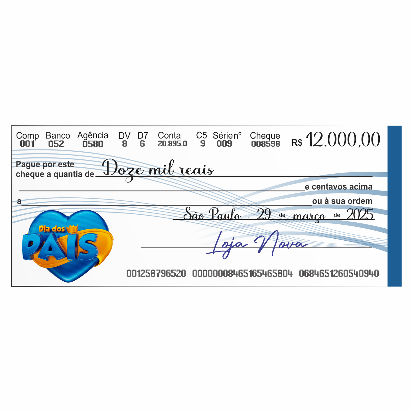 CHEQUE GIGANTE PARA PREMIAÇÃO PERSONALIZADO 85X35CM