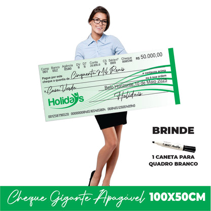 CHEQUE GIGANTE PERSONALIZADO PREMIAÇÃO APAGÁVEL 100X50CM