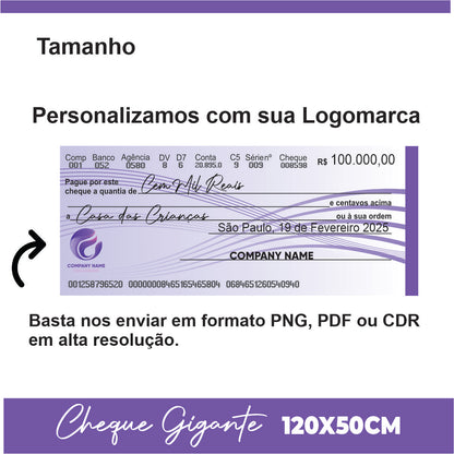 CHEQUE GIGANTE PERSONALIZADO PREMIAÇÃO APAGÁVEL 120x50CM