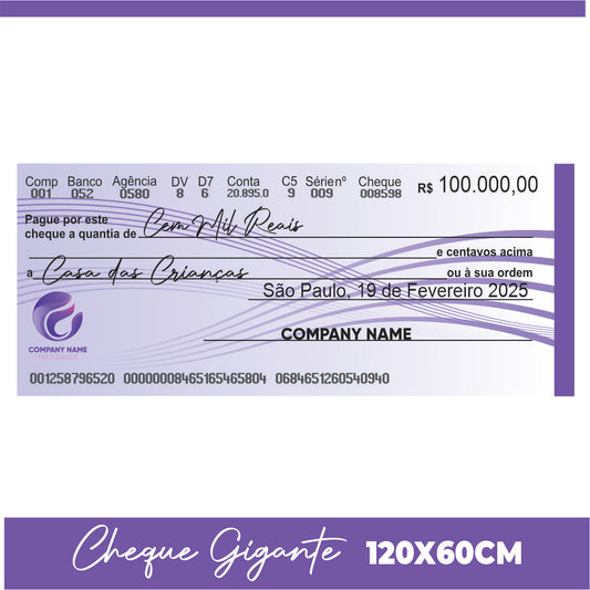 CHEQUE GIGANTE PARA PREMIAÇÃO 120X60CM