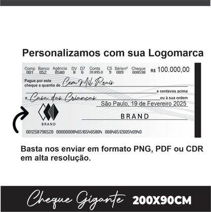 CHEQUE GIGANTE PERSONALIZADO PREMIAÇÃO APAGÁVEL 200x90CM