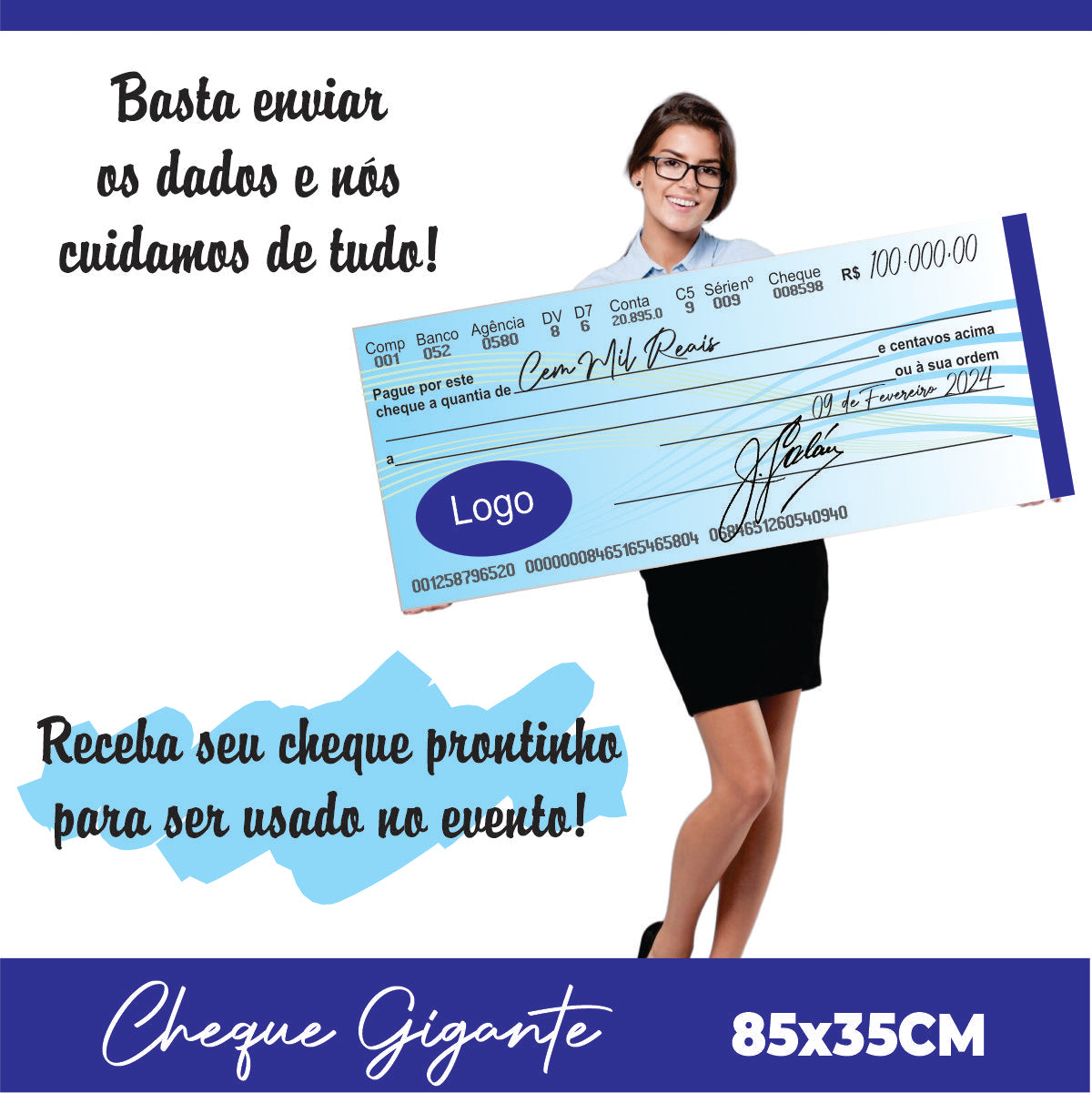 CHEQUE GIGANTE PARA PREMIAÇÃO PERSONALIZADO 85X35CM