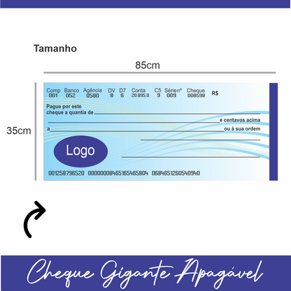 CHEQUE GIGANTE PERSONALIZADO PREMIAÇÃO APAGÁVEL 85X35CM
