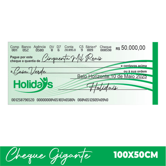 CHEQUE GIGANTE PARA PREMIAÇÃO 100x50CM