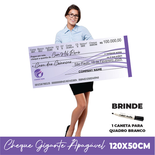 CHEQUE GIGANTE PERSONALIZADO PREMIAÇÃO APAGÁVEL 120x50CM