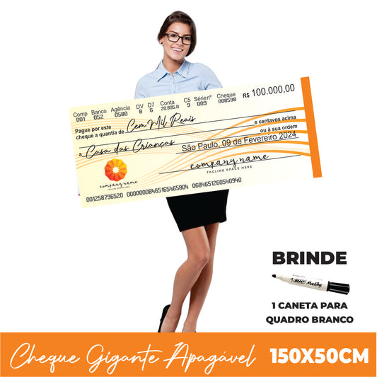 CHEQUE GIGANTE PERSONALIZADO PREMIAÇÃO APAGÁVEL 150x50CM