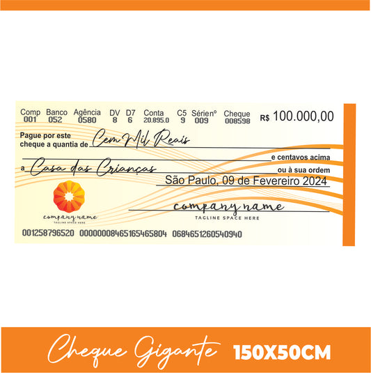 CHEQUE GIGANTE PARA PREMIAÇÃO 150x50 CM