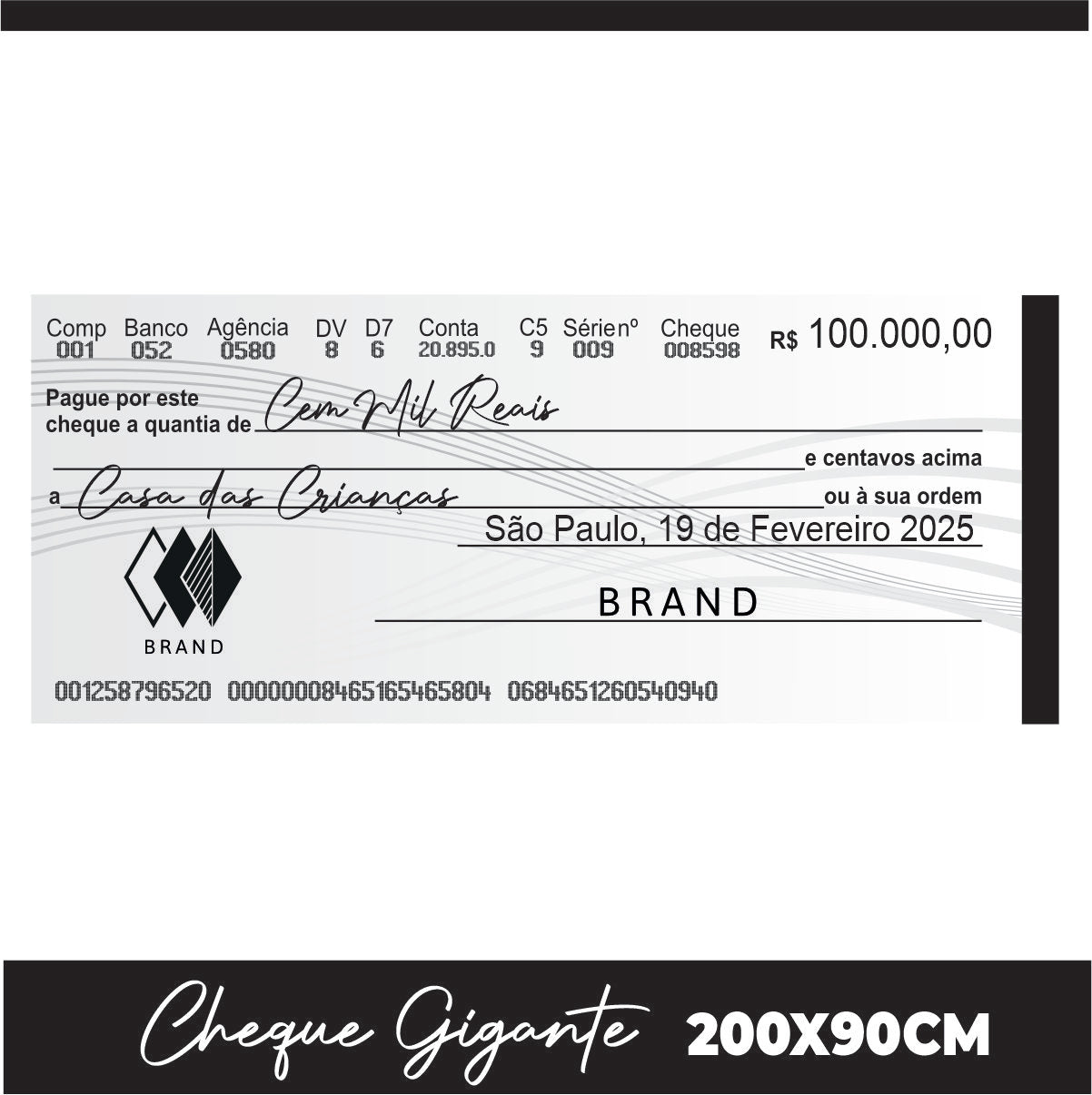 CHEQUE GIGANTE PARA PREMIAÇÃO 200X90CM