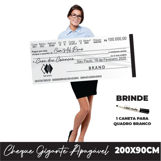 CHEQUE GIGANTE PERSONALIZADO PREMIAÇÃO APAGÁVEL 200x90CM
