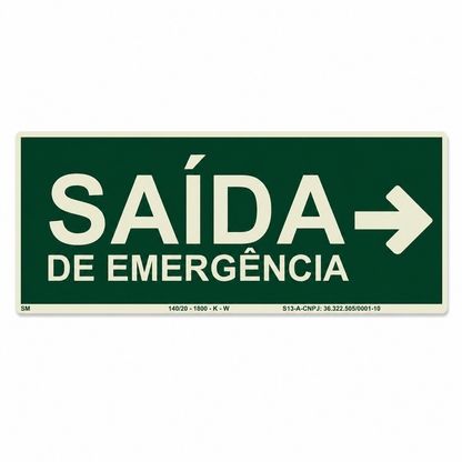 Placa Fotoluminescente Saída de Emergência com Seta para Direita | Rota de Fuga | NBR 16820