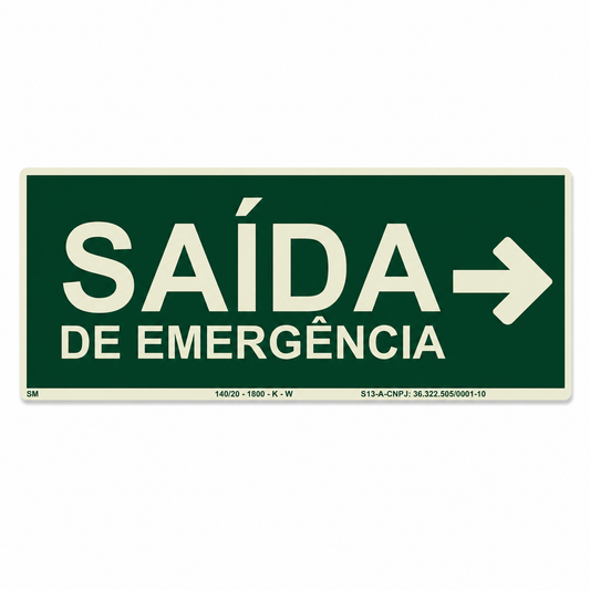 Placa Fotoluminescente Saída de Emergência com Seta para Direita | Rota de Fuga | NBR 16820