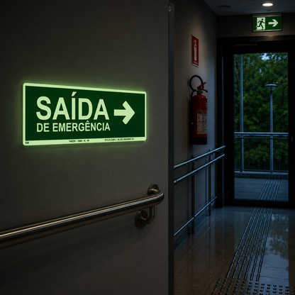 Placa Fotoluminescente Saída de Emergência com Seta para Direita | Rota de Fuga | NBR 16820