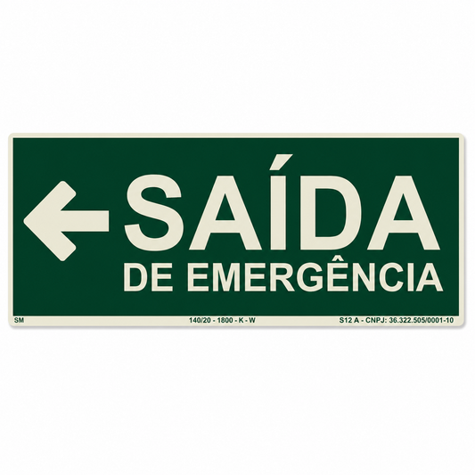 Placa Fotoluminescente Saída de Emergência com Seta para Esquerda | Rota de Fuga | NBR 16820