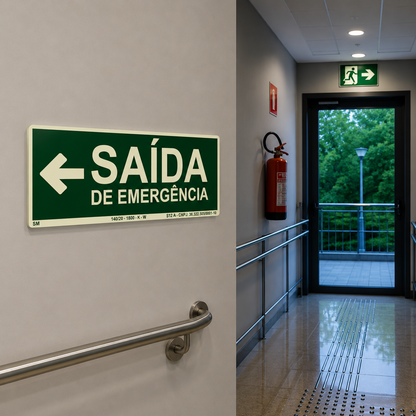 Placa Fotoluminescente Saída de Emergência com Seta para Esquerda | Rota de Fuga | NBR 16820