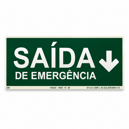 Placa Fotoluminescente Saída de Emergência com Seta para Baixo – Rota de Fuga | NBR 16820