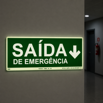 Placa Fotoluminescente Saída de Emergência com Seta para Baixo – Rota de Fuga | NBR 16820