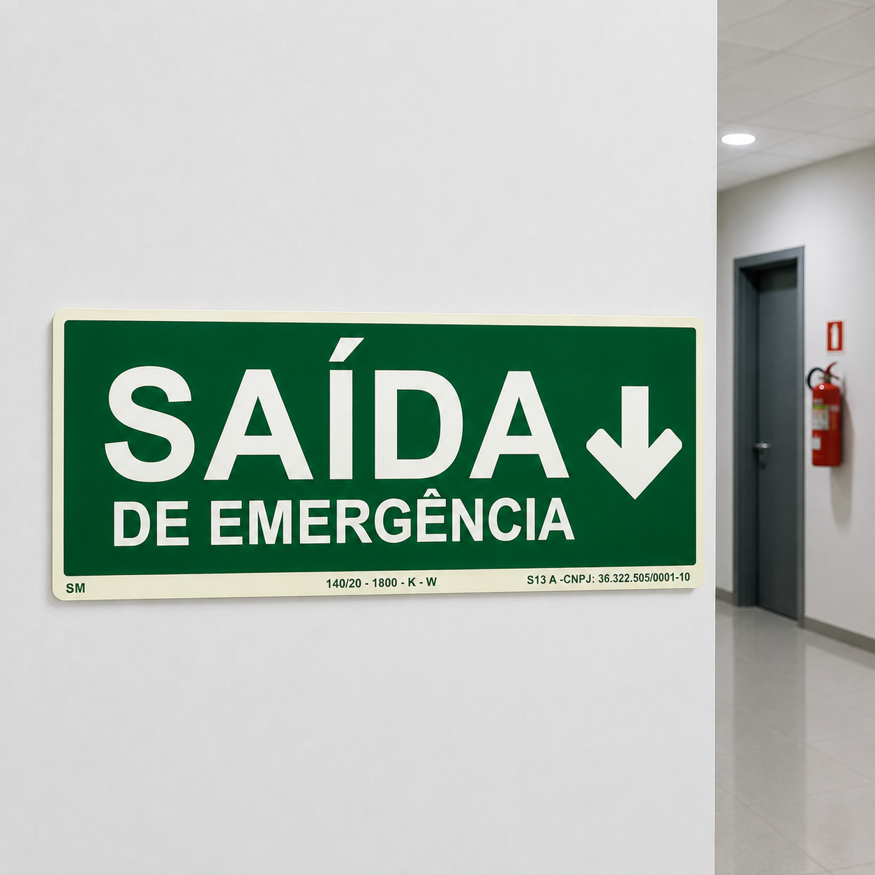 Placa Fotoluminescente Saída de Emergência com Seta para Baixo – Rota de Fuga | NBR 16820