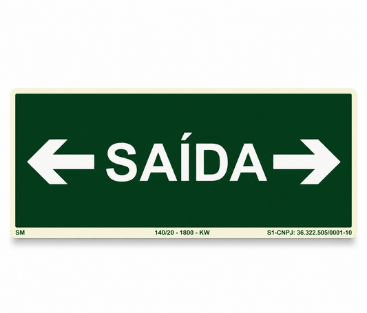 PLACA FOTOLUMINESCENTE- ROTA DE FUGA - SAÍDA DE EMERGÊNCIA PARA AMBOS LADOS - SINALIZAÇÃO SEGURANÇA INCÊNDIO