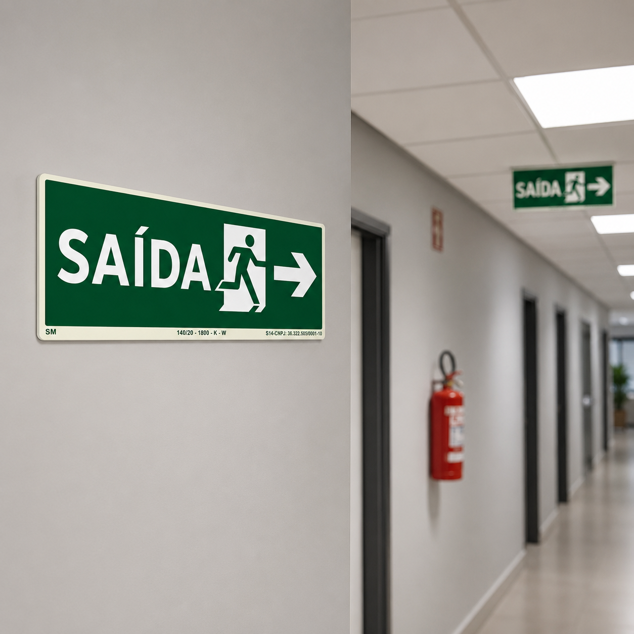 PLACA FOTOLUMINESCENTE - ROTA DE FUGA - SAÍDA DE EMERGÊNCIA PARA DIREITA - SINALIZAÇÃO SEGURANÇA INCÊNDIO