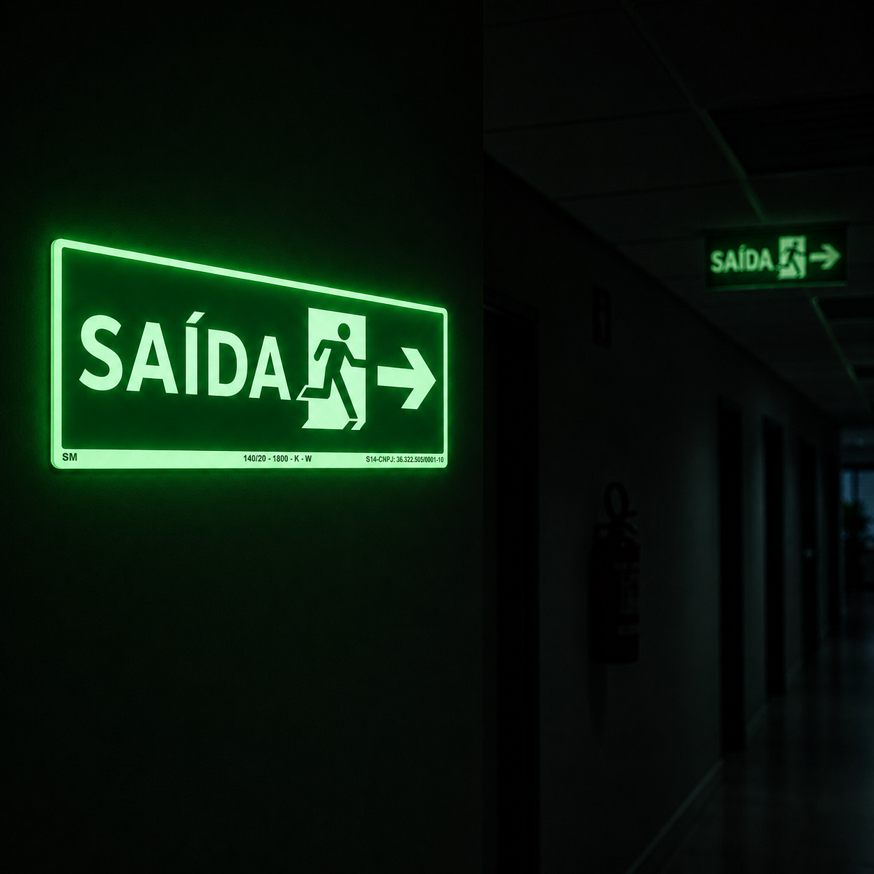 PLACA FOTOLUMINESCENTE - ROTA DE FUGA - SAÍDA DE EMERGÊNCIA PARA DIREITA - SINALIZAÇÃO SEGURANÇA INCÊNDIO