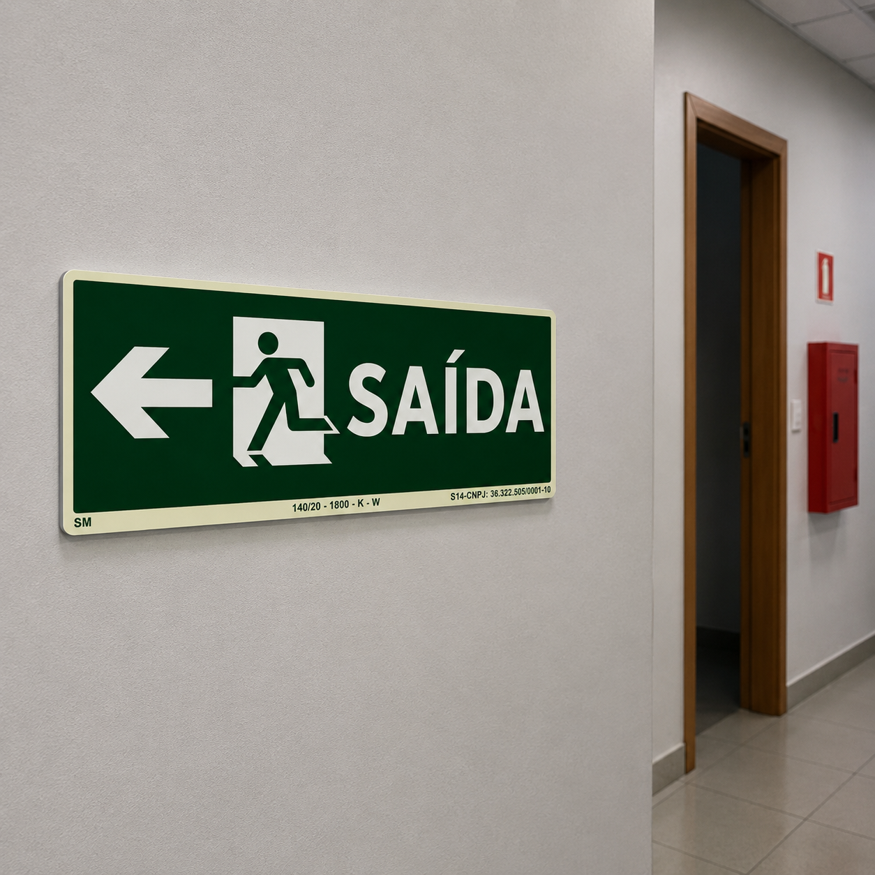PLACA FOTOLUMINESCENTE - ROTA DE FUGA - SAIDA DE EMERGÊNCIA PARA ESQUERDA - SINALIZAÇÃO SEGURANÇA INCÊNDIO