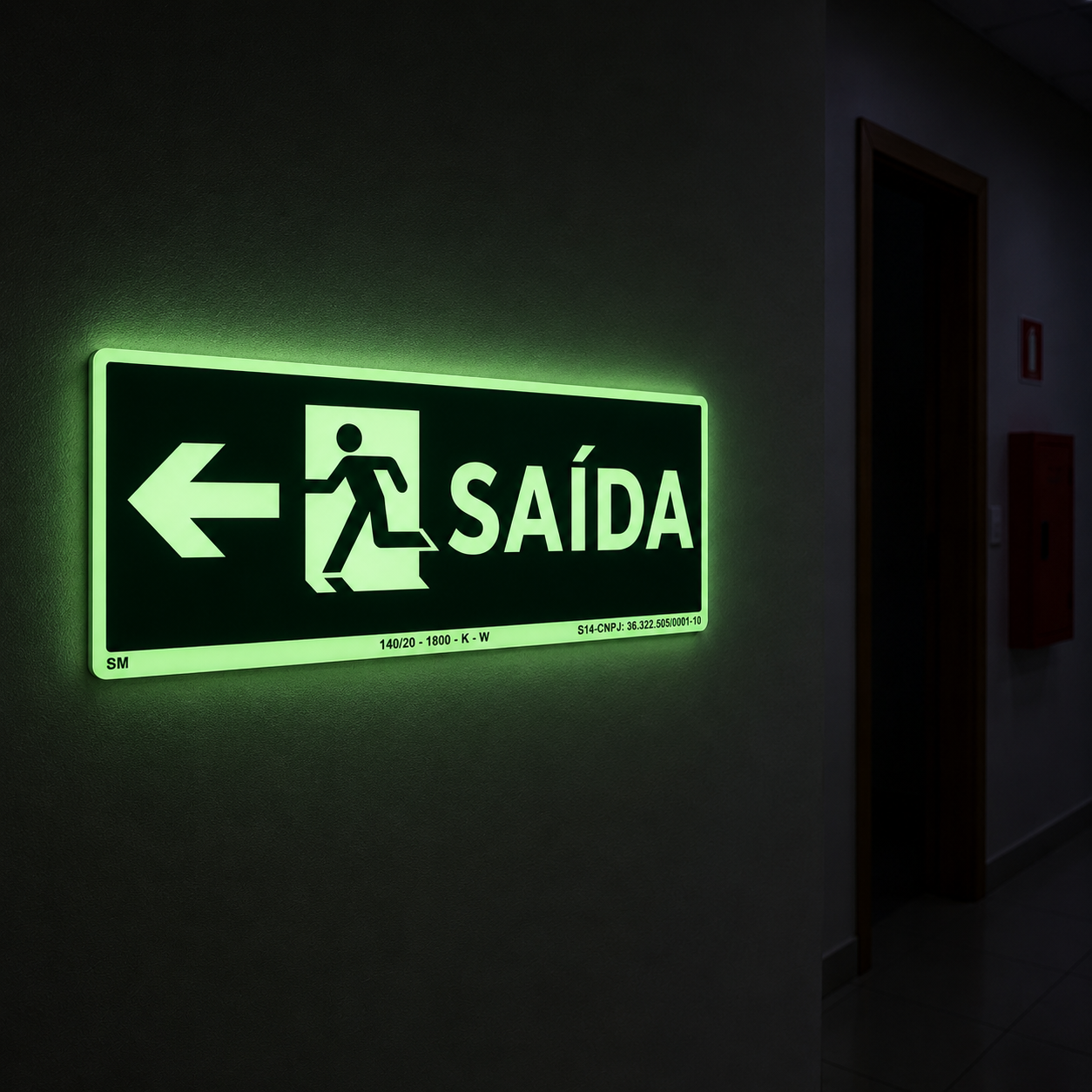 PLACA FOTOLUMINESCENTE - ROTA DE FUGA - SAIDA DE EMERGÊNCIA PARA ESQUERDA - SINALIZAÇÃO SEGURANÇA INCÊNDIO