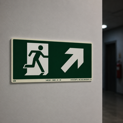 PLACA FOTOLUMINESCENTE - PLACA ROTA DE FUGA - SAÍDA DE EMERGÊNCIA SETA SUPERIOR DIREITA - SINALIZAÇÃO SEGURANÇA INCÊNDIO