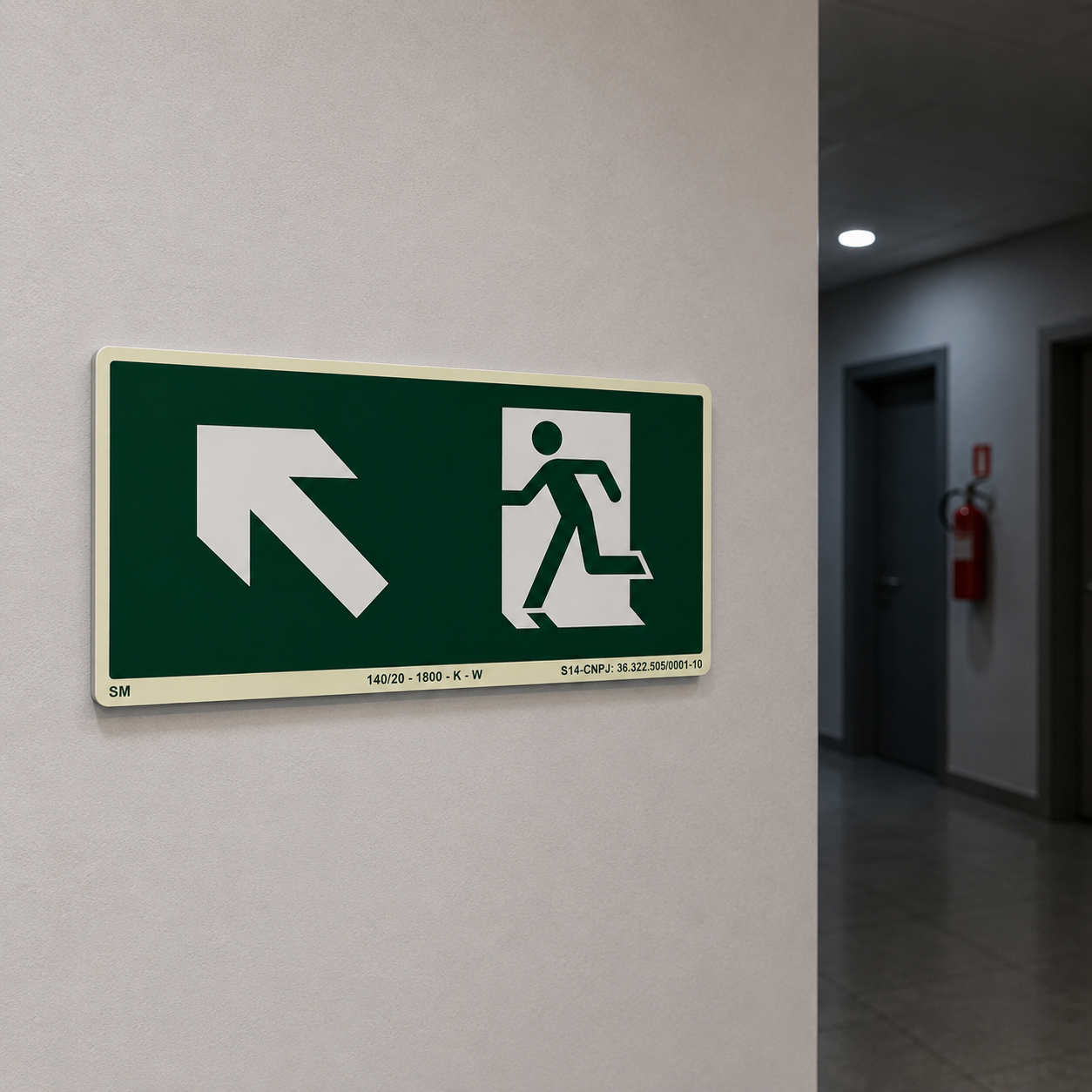 PLACA FOTOLUMINESCENTE - PLACA ROTA DE FUGA - SAÍDA DE EMERGÊNCIA SETA SUPERIOR ESQUERDA - SINALIZAÇÃO SEGURANÇA INCÊNDIO